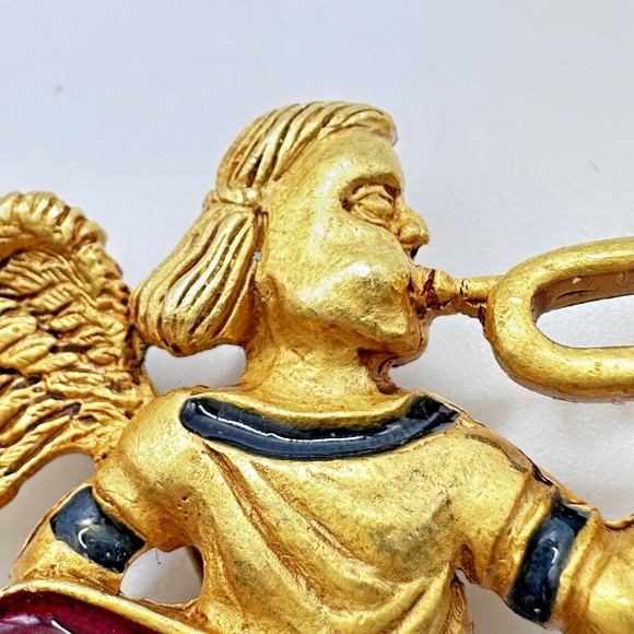 Vintage Museum of American Folk Art Angel Trumpeting Brooch Gold Tone Enamel - Picture 5 of 15